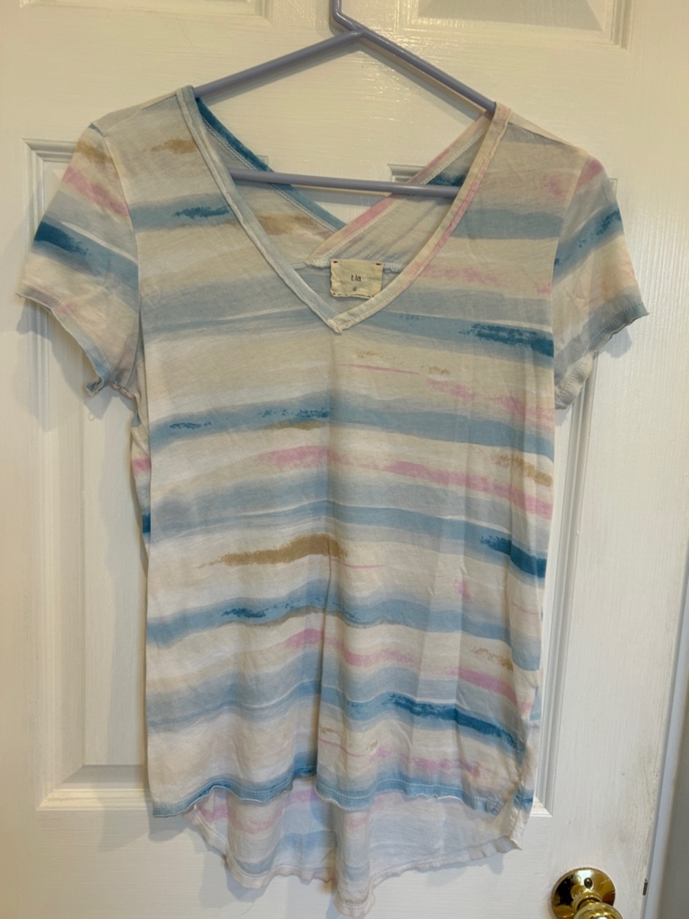t.la Striped V-Neck Short Sleeve Top in Pastel Blue and Pink, S